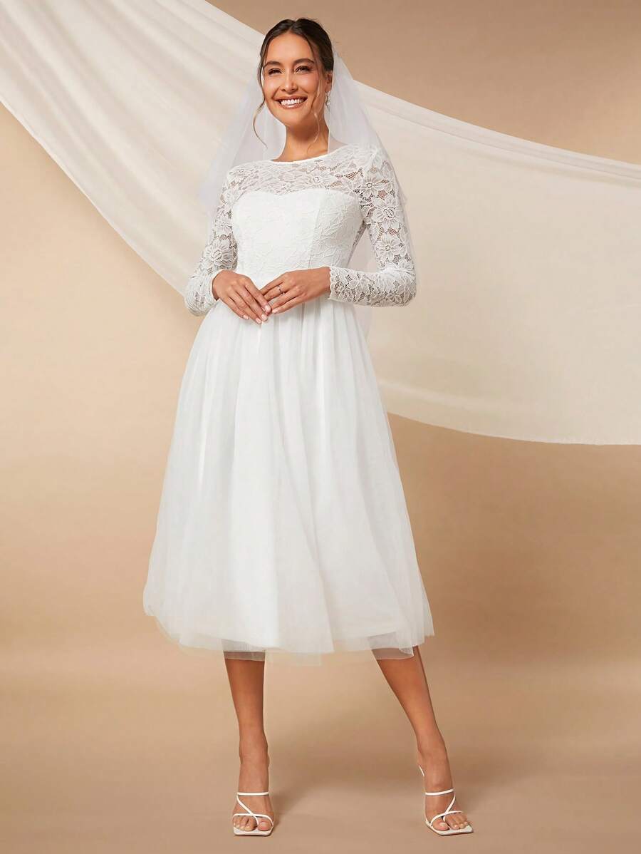 SHEIN Belle Guipure Lace Insert Mesh Hem Wedding Dress Without Veil - White - View 1