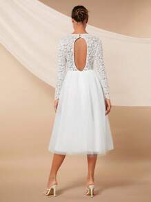 SHEIN Belle Guipure Lace Insert Mesh Hem Wedding Dress Without Veil - White - View 2