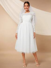 SHEIN Belle Guipure Lace Insert Mesh Hem Wedding Dress Without Veil - White - View 3