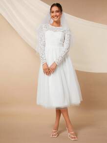 SHEIN Belle Guipure Lace Insert Mesh Hem Wedding Dress Without Veil - White - View 5