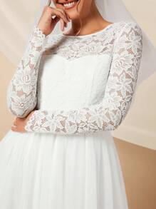 SHEIN Belle Guipure Lace Insert Mesh Hem Wedding Dress Without Veil - White - View 6