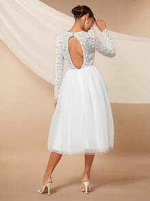 SHEIN Belle Guipure Lace Insert Mesh Hem Wedding Dress Without Veil - White - View 7