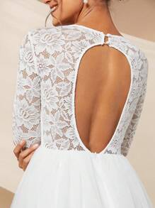 SHEIN Belle Guipure Lace Insert Mesh Hem Wedding Dress Without Veil - White - View 8