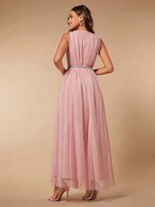 SHEIN Belle Plunge Neck Rhinestone Detail Mesh Overlay Bridesmaid Dress - Dusty Pink - View 2