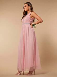 SHEIN Belle Plunge Neck Rhinestone Detail Mesh Overlay Bridesmaid Dress - Dusty Pink - View 3