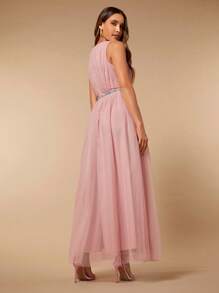 SHEIN Belle Plunge Neck Rhinestone Detail Mesh Overlay Bridesmaid Dress - Dusty Pink - View 4
