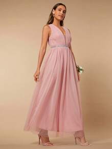 SHEIN Belle Plunge Neck Rhinestone Detail Mesh Overlay Bridesmaid Dress - Dusty Pink - View 5