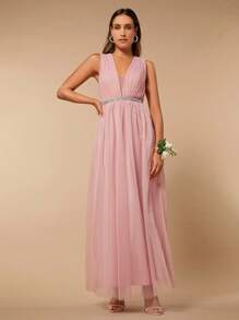 SHEIN Belle Plunge Neck Rhinestone Detail Mesh Overlay Bridesmaid Dress - Dusty Pink - View 6