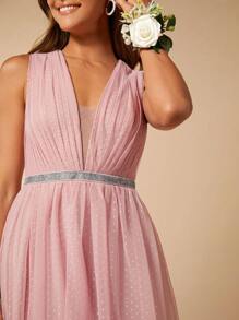 SHEIN Belle Plunge Neck Rhinestone Detail Mesh Overlay Bridesmaid Dress - Dusty Pink - View 7