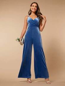 SHEIN Belle Solid Velvet Wide Leg Cami Jumpsuit - Navy Blue - View 1
