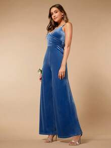 SHEIN Belle Solid Velvet Wide Leg Cami Jumpsuit - Navy Blue - View 5