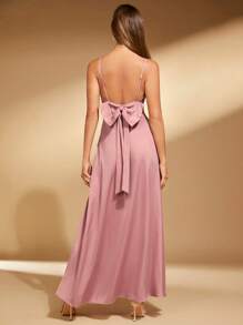 SHEIN Belle 素色蝴蝶結露背高衩吊帶洋裝 - 藕粉色 - 查看 2