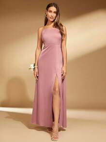 SHEIN Belle 素色蝴蝶結露背高衩吊帶洋裝 - 藕粉色 - 查看 3