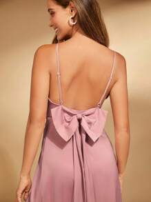 SHEIN Belle 素色蝴蝶結露背高衩吊帶洋裝 - 藕粉色 - 查看 6