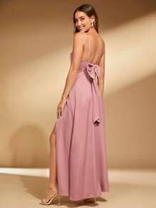 SHEIN Belle 素色蝴蝶結露背高衩吊帶洋裝 - 藕粉色 - 查看 7