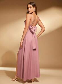 SHEIN Belle 素色蝴蝶結露背高衩吊帶洋裝 - 藕粉色 - 查看 8