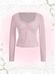 ROMWE Kawaii 休閒褶邊條紋女士T恤 - 粉色 - 查看 1