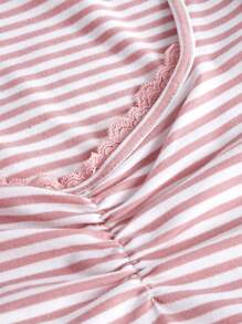 ROMWE Kawaii 休閒褶邊條紋女士T恤 - 粉色 - 查看 4
