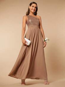 SHEIN Belle One Shoulder Contrast Sequin Chiffon Bridesmaid Dress - Mocha Brown - View 1