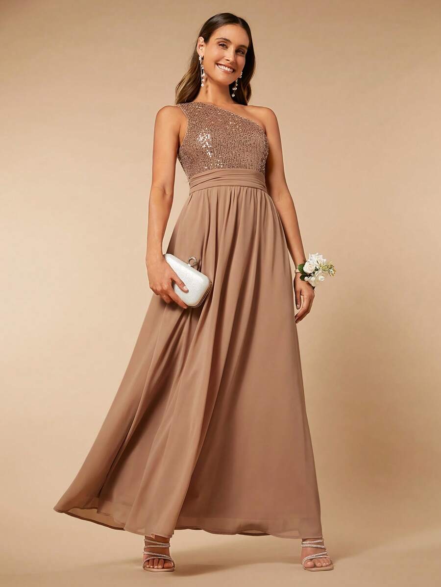 SHEIN Belle One Shoulder Contrast Sequin Chiffon Bridesmaid Dress - Mocha Brown - View 1