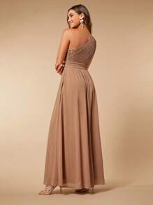 SHEIN Belle One Shoulder Contrast Sequin Chiffon Bridesmaid Dress - Mocha Brown - View 2