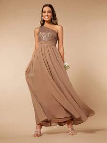 SHEIN Belle One Shoulder Contrast Sequin Chiffon Bridesmaid Dress - Mocha Brown - View 3