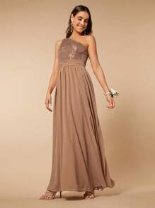 SHEIN Belle One Shoulder Contrast Sequin Chiffon Bridesmaid Dress - Mocha Brown - View 4