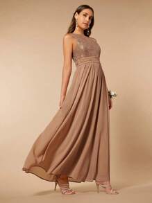 SHEIN Belle One Shoulder Contrast Sequin Chiffon Bridesmaid Dress - Mocha Brown - View 5
