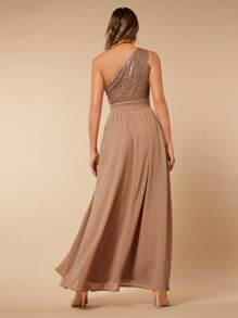 SHEIN Belle One Shoulder Contrast Sequin Chiffon Bridesmaid Dress - Mocha Brown - View 6