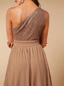 SHEIN Belle One Shoulder Contrast Sequin Chiffon Bridesmaid Dress - Mocha Brown - View 7