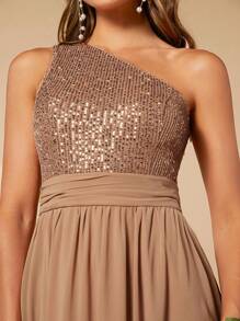 SHEIN Belle One Shoulder Contrast Sequin Chiffon Bridesmaid Dress - Mocha Brown - View 8