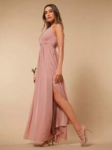 SHEIN Belle Vestido de dama de honor con cuello halter y abertura lateral sólida, elegante