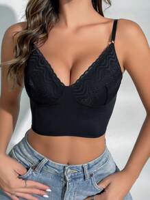 蕾絲拼接吊帶短上衣 - 黑色 - 查看 3