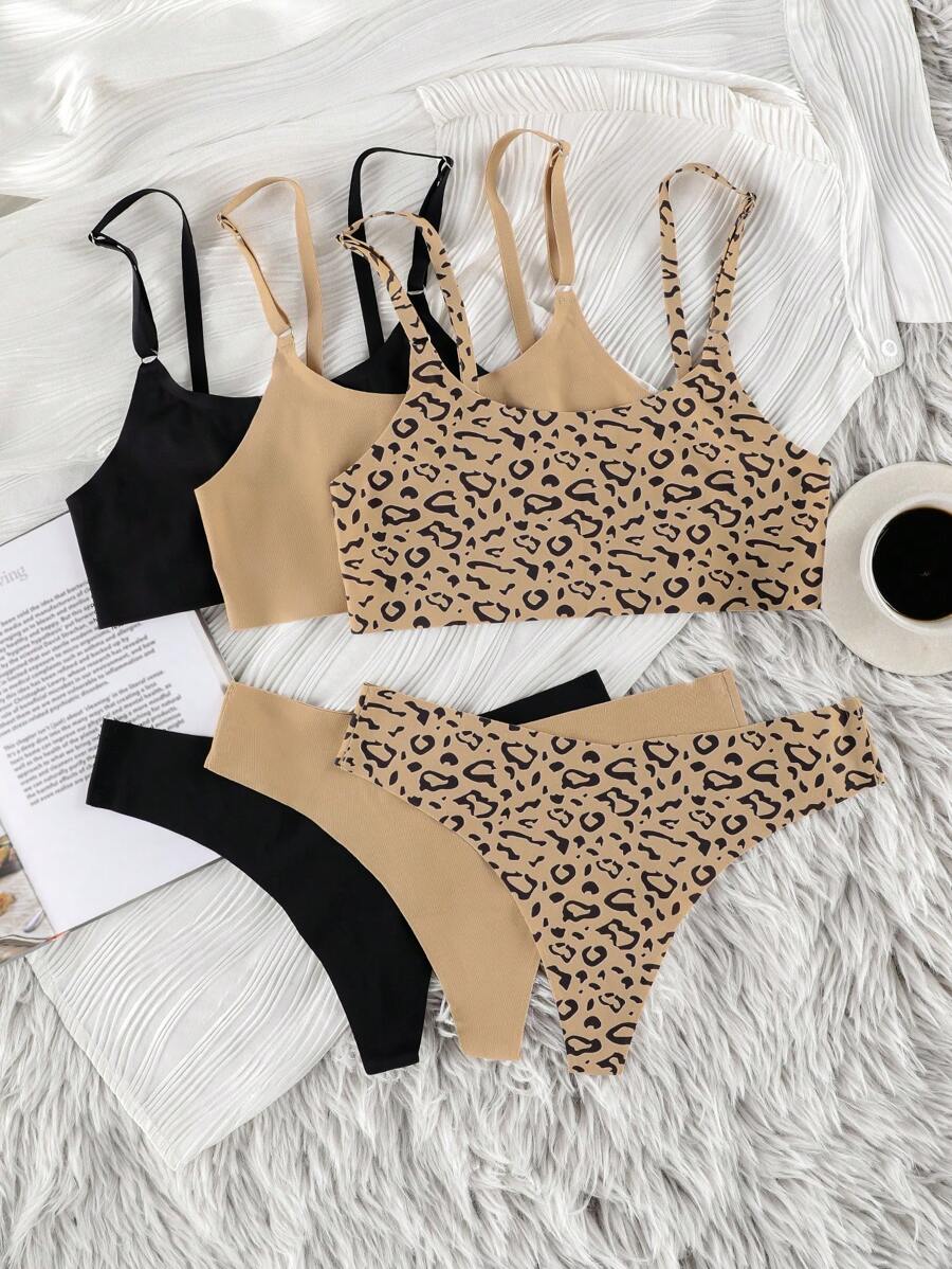 SHEIN 3 件裝豹紋胸罩和內褲內衣套裝 - 彩色 - 查看 1