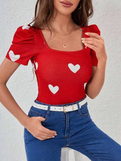 SHEIN Privé Camiseta con estampado de corazón de manga farol