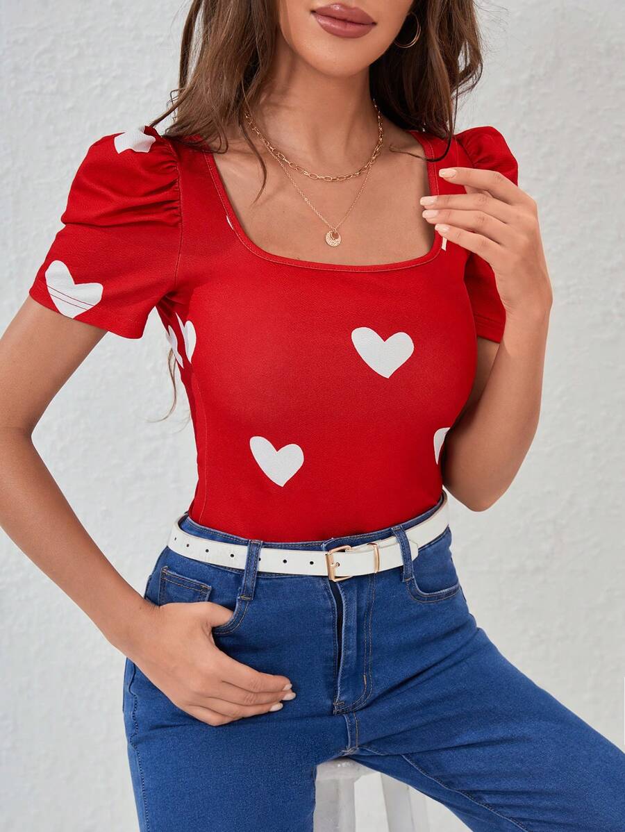SHEIN Privé Women Red Top Heart Print Puff Sleeve Tee - Red - View 1