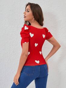 SHEIN Privé Women Red Top Heart Print Puff Sleeve Tee - Red - View 2