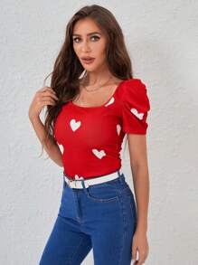 SHEIN Privé Women Red Top Heart Print Puff Sleeve Tee - Red - View 3