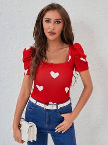 SHEIN Privé Women Red Top Heart Print Puff Sleeve Tee - Red - View 4