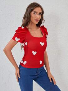 SHEIN Privé Women Red Top Heart Print Puff Sleeve Tee - Red - View 5