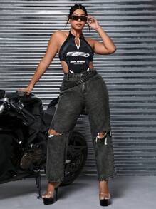 SHEIN ICON Talla grande Jeans desgarro de talle alto