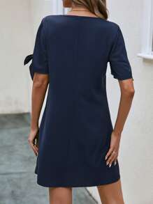 SHEIN Clasi Guipure Lace Trim Split Sleeve Dress - Navy Blue - View 2