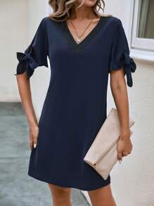 SHEIN Clasi Guipure Lace Trim Split Sleeve Dress - Navy Blue - View 4