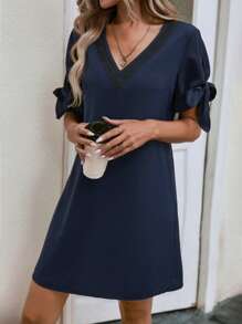 SHEIN Clasi Guipure Lace Trim Split Sleeve Dress - Navy Blue - View 5