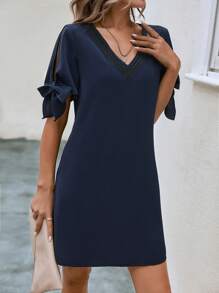SHEIN Clasi Guipure Lace Trim Split Sleeve Dress - Navy Blue - View 6