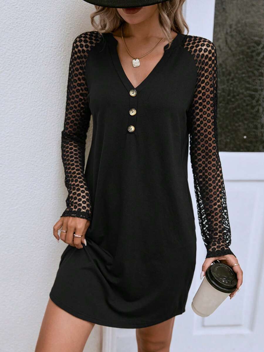 SHEIN LUNE Contrast Lace Raglan Sleeve Half Button Dress - Black - View 1