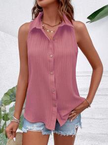Breezaya 素色前紐扣無袖襯衫 - 粉色 - 查看 4