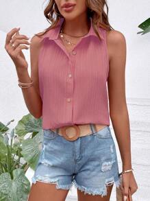 Breezaya 素色前紐扣無袖襯衫 - 粉色 - 查看 5