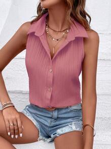 Breezaya 素色前紐扣無袖襯衫 - 粉色 - 查看 6