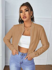 SHEIN Essnce Solid Zip Up Crop Bomber Jacket In Fall/Winter - Khaki - View 1